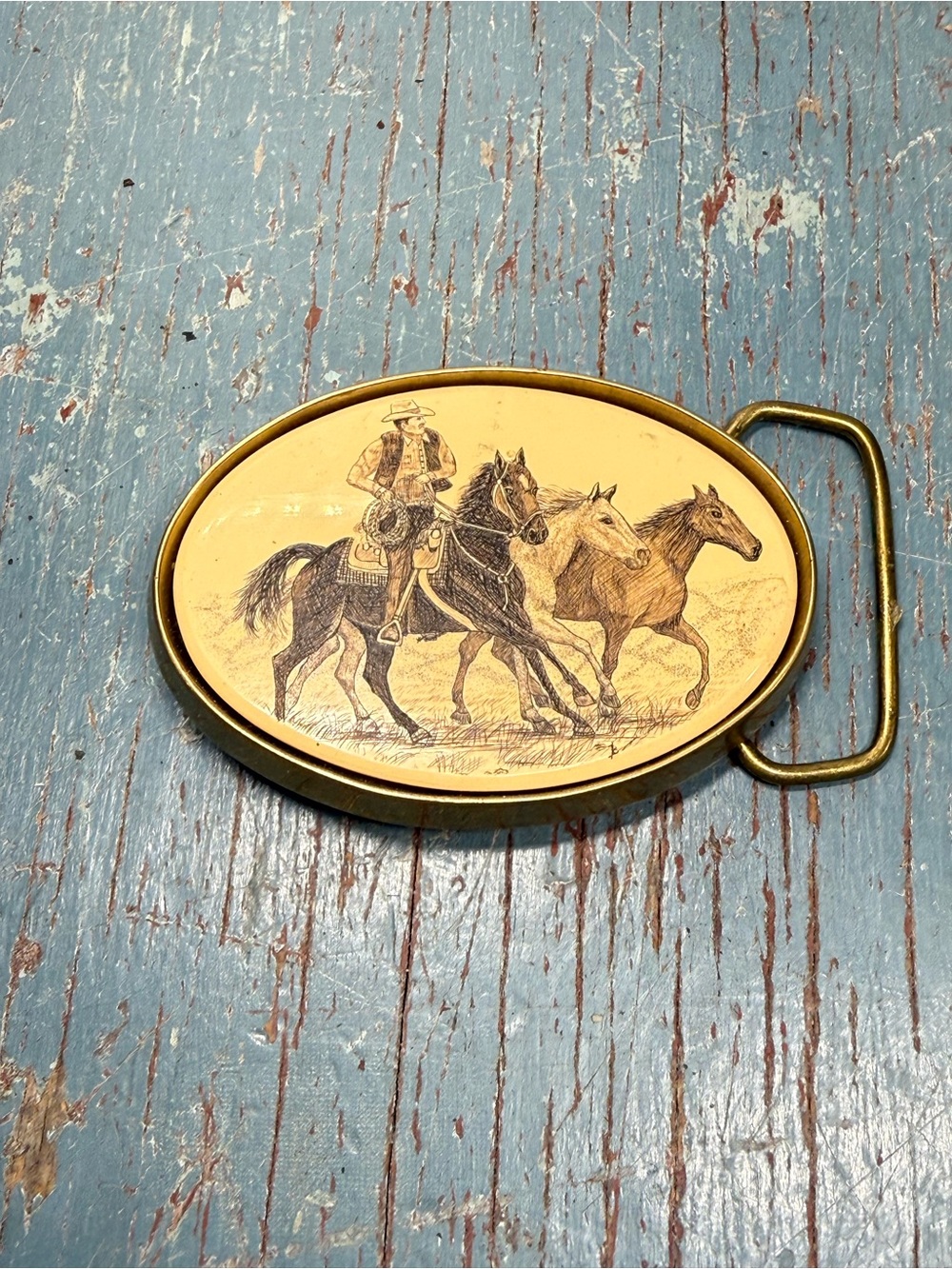 Vintage Barlowe Cowboy on Horse Solid Brass Belt Buckle 1983 Made In USA